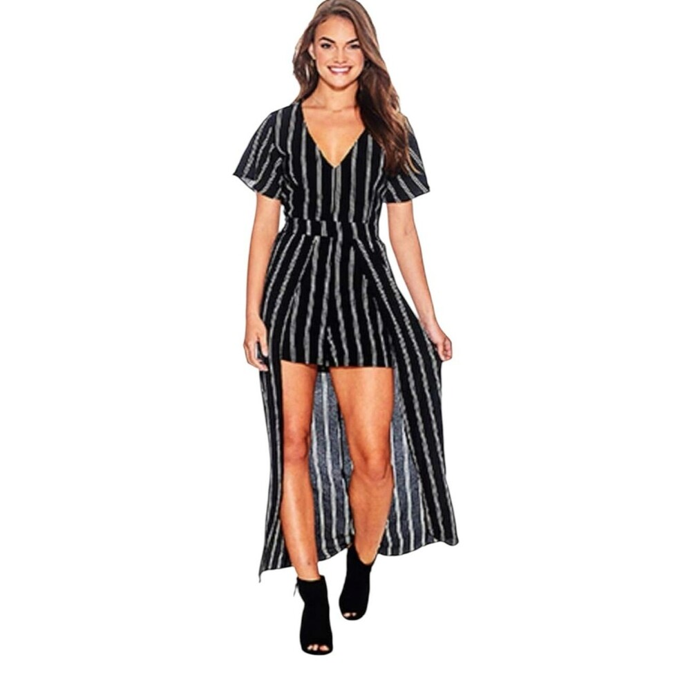 Crystal Doll NAVY and White Vertical-Stripe V-Neck Jumpsuit